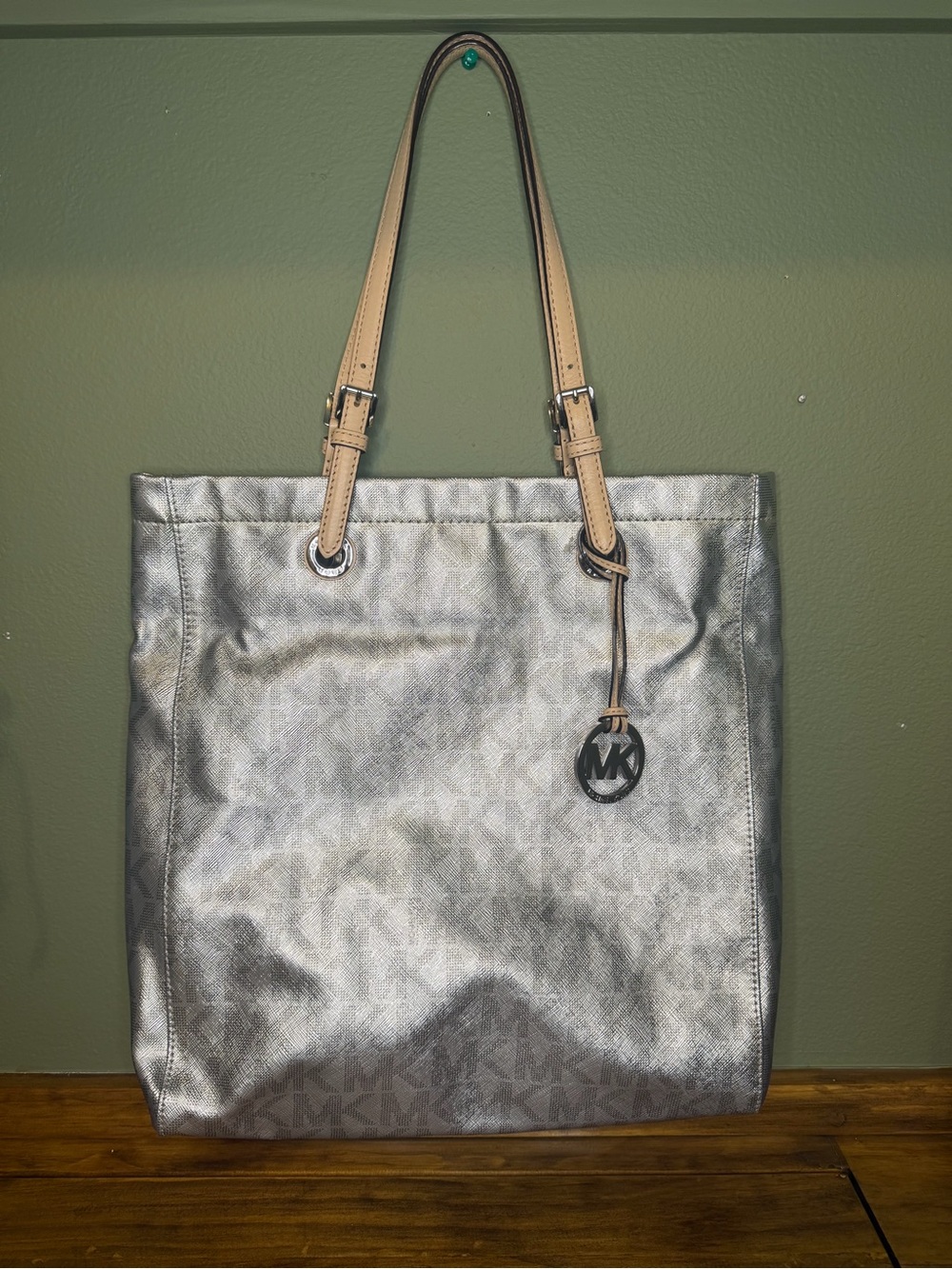 Michael Kors Silver Tote with Tan Shoulder Straps